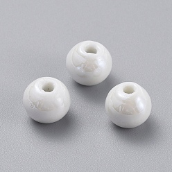 White Handmade Porcelain Beads, Pearlized, Round, White, 14mm, Hole: 2.5~4mm