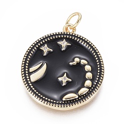 Constellation Micro cuivres ouvrent pendentifs zircone cubique, avec émail et anneau de saut, rond plat avec 12 constellations, or, constellations mixtes aléatoires, 23x21x2.5mm, Trou: 3mm