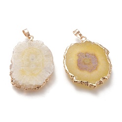 Yellow Dyed Natural Druzy Solar Quartz Crystal Pendants, Edge Plated, with Brass Bails, Sunflower, Golden, Yellow, 40~50x30~45x5~6mm, Hole: 4x6mm