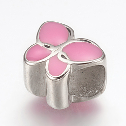 Stainless Steel Color 304 Stainless Steel Enamel European Beads, Large Hole Beads, Butterfly, Pink, Stainless Steel Color, 9.5x11x8mm, Hole: 5mm