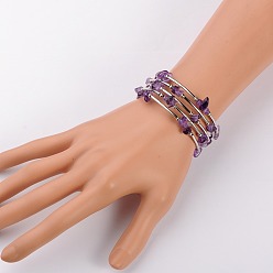 Amethyst Natural  Amethyst Chip Warp Bracelets, Steel Bracelet Memory Wire with Brass Tube Beads and Iron Round Beads, Platinum, 53mm