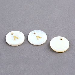 Letter A Freshwater Shell Pendants, Flat Round with Gold Blocking Letter.A, 11.5x2mm, Hole: 1.5mm