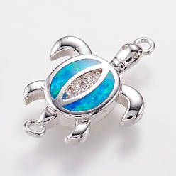 Mixed Color Brass Links connectors, with Synthetic Opal and Cubic Zirconia, Sea Turtle, Platinum, Mixed Color, 19.5x13.5x2.5mm, Hole: 1mm