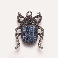 Gunmetal Brass Micro Pave Cubic Zirconia Pendants, Beetle, Blue, Gunmetal, 22.5x16.5x4mm, Hole: 1.5mm