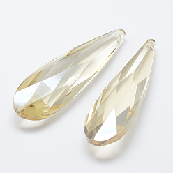 Lemon Chiffon Faceted Teardrop Glass Pendants, Briolette Cut, Lemon Chiffon, 76.5x22x18mm, Hole: 1mm