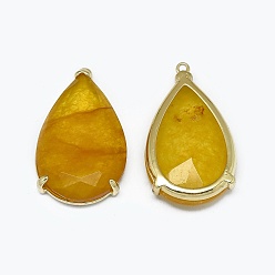 Dark Goldenrod Natural Jade Pendants, with Brass Findings, Faceted, teardrop, Dyed, Golden, Dark Goldenrod, 31.5~32.5x18~18.5x5.5~6mm, Hole: 1.4mm