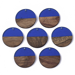 Blue Transparent Resin & Walnut Wood Pendants, Flat Round, Blue, 28.5x3.5~4mm, Hole: 1.5mm