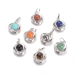 Mixed Stone Natural & Synthetic Mixed Gemstone Pendants, with Platinum Tone Brass Findings, Flower, 24x19.4x9.8mm, Hole: 6x3.5mm