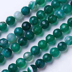 Bleu Vert Brins de perles d'agate à bandes naturelles, teints et chauffée, facette, Grade a, ronde, sarcelle, 8~8.5mm, Trou: 1.2mm, Environ 48 pcs/chapelet, 15.1 pouce (38.5 cm)