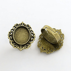 Antique Bronze Vintage Adjustable Iron Finger Ring Components Alloy Cabochon Bezel Settings, Lead Free & Cadmium Free & Nickel Free, Antique Bronze, 17x5mm, Oval Tray: 18x13mm
