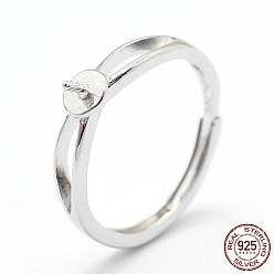 Platine Composants de bague réglables en argent sterling plaqué rhodium, pour la moitié de perles percées, platine, 925mm, pin: 16 mm