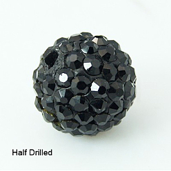 Jet Polymer Clay Rhinestone Beads, Pave Disco Ball Beads, Grade A, Round, Half Drilled, Jet, 10mm, Hole: 1mm