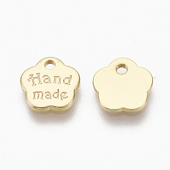 Real 18K Gold Plated Brass Charms, Nickel Free, Flower, with Words Handmade, Real 18K Gold Plated, 8x8x1mm, Hole: 1.2mm