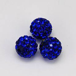 Sapphire Polymer Clay Rhinestone Beads, Pave Disco Ball Beads, Grade A, Round, Half Drilled, Sapphire, 10mm, Hole: 1mm