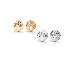 Mixed Color 304 Stainless Steel Stud Earrings, Hypoallergenic Earrings, Flat Round with Tree of Life, Mixed Color, 15x1.2mm, Pin: 0.8mm