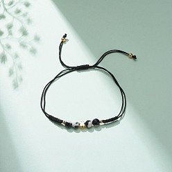 Черный Браслет из бусин из натурального агата и клевера из латуни, плетеный регулируемый браслет с драгоценными камнями для женщин, чёрные, внутренний диаметр: 7/8~3-5/8 дюйм (2.1~9.3 см)