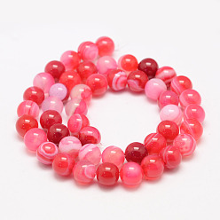 Cerise Natural Striped Agate/Banded Agate Bead Strands, Round, Grade A, Dyed, Cerise, 6mm, Hole: 1mm, about 62~63pcs/strand, 14.5 inch