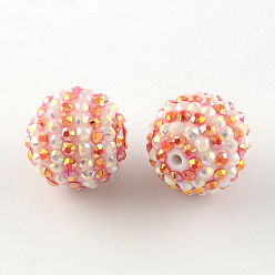 Rouge Orange Ab-couleur perles rondes en strass de résine, avec des perles acrylique à l'intérieur, rouge-orange, 20mm, Trou: 2~2.5mm