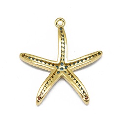 Golden Alloy Micro Pave Cubic Zirconia Pendants, Long-Lasting Plated, Starfish/Sea Stars, Deep Sky Blue, Golden, 26x24x4mm, Hole: 1.2mm