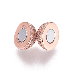 Rose Gold Brass Micro Pave Cubic Zirconia Magnetic Clasps with Loops, Round, Rose Gold, 13.5x8mm, Hole: 1.5mm