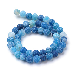 Blue Natural & Dyed Crackle Agate Bead Strands, Frosted Style, Round, Blue, 10mm, Hole: 1.2mm, about 37~40pcs/strand, 14.9~15.1 inch(38~38.5cm)