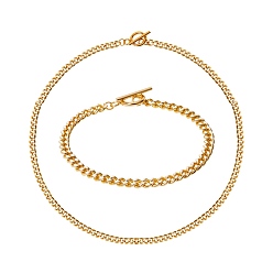 White Brass Curb Chain Bracelet & Curb Chain Necklace Sets, with with Enamel and 304 Stainless Steel Toggle Clasps, White, 17-7/8 ~18-1/8 inch (45.5~46cm), 8-1/8 inch(20.5cm), 2pcs/set