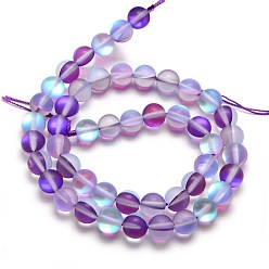 Violet Bleu Brins synthétiques de perles de lune, perles holographiques, demi couleur ab plaqué, givré, ronde, bleu violet, 10mm, Trou: 1mm, Environ 37 pcs/chapelet, 15 pouce