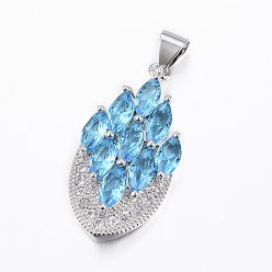 Deep Sky Blue Brass Micro Pave Cubic Zirconia Jewelry Sets, Pendants & Hoop Earrings & Finger Rings, Marquise/Horse Eye, Platinum, Deep Sky Blue, Size 6~10(16~20mm), 38.5x17x5.5mm, Hole: 5.5x4mm, 49x17x5.5mm, Pin: 1mm
