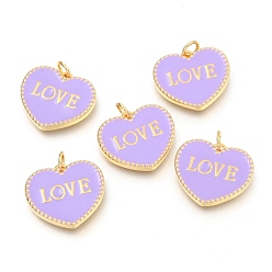 Lilac Brass Enamel Pendants, Long-Lasting Plated, Real 18K Gold Plated, with Jump Rings, for Valentine's Day, Heart with Word LOVE, Lilac, 17.5x20x2.5mm, Hole: 3mm