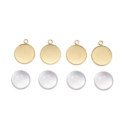 Golden DIY Pendants Making, with 304 Stainless Steel Cabochons Settings and Clear Half Round Glass Cabochons, Flat Round, Golden, Cabochons: 20x9.5mm, Settings: 27x22x2mm, 2pcs/set