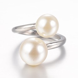 Mixed Color 304 Stainless Steel Finger Rings, with Imitation Pearl, Size 6~9, Mixed Color, 16~19mm