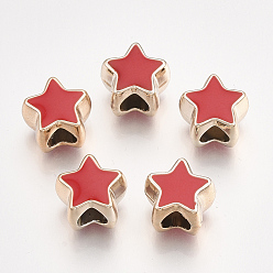 Red UV Plating Acrylic European Beads, with Enamel, Large Hole Beads, Star, Light Gold, Red, 10.5x11.5x9mm, Hole: 4.5mm