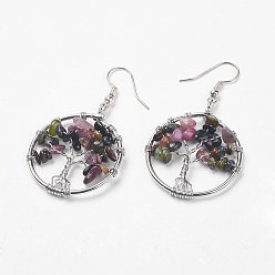 Tourmaline Natural Tourmaline Dangle Earrings, with Brass Earring Hooks, Ring with Tree of Life, Platinum, 53mm, Pendant: 37x30x6mm, Pin: 0.6mm