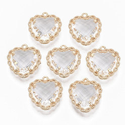 Clear Glass Pendants, with Brass Open Back Settings, Faceted, Heart, Light Gold, Clear, 18x16~17x5.5mm, Hole: 1.2mm