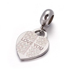 Thistle 304 Stainless Steel European Dangle Charms, with Enamel, Large Hole Pendants, Heart with Word Love You, For Valentine's Day, Stainless Steel Color, Thistle, 27mm, Hole: 4.5mm, Pendant: 18x13x1.3mm