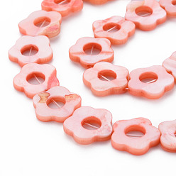 Pink Freshwater Shell Beads Frames Strands, Dyed, Flower, Pink, 14.5~15x15~16x2.5mm, Hole: 1mm, about 23pcs/strand, 13.19 inch(35cm)
