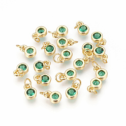 Green Brass with Single Cubic Zirconia Charms, Single Stone Charms, Flat Round, Golden, Green, 6.5x4.5x2mm, Hole: 2.5~3mm