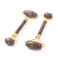 Snowflake Obsidian Natural Snowflake Obsidian Brass Face Massager, Facial Rollers, Golden, 142~150x54~58x19~22mm
