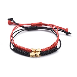 Mixed Color Unisex Adjustable Korean Waxed Polyester Cord Braided Bead Bracelets Sets, with Brass Beads, Heart, Real 18K Gold Plated, Mixed Color, 2.2~7.8cm, 2pcs/set