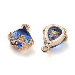Light Sapphire Rhinestone Pendants, with Light Gold Alloy Settings, Teardrop with Flower, Royal Blue, 20x12.5x6mm, Hole: 1.8mm