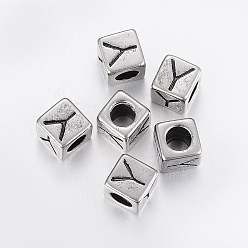 Antique Silver 304 Stainless Steel Large Hole Letter European Beads, Cube with Letter.Y, Antique Silver, 8x8x8mm, Hole: 5mm
