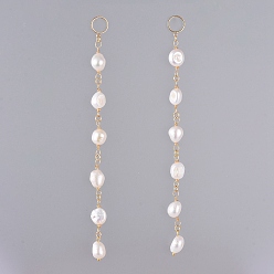 White Natural Cultured Freshwater Pearl Dangle Earrings, with Brass Stud Earring Findings, Plastic/Brass Ear Nuts and Cardboard Packing Box, White, 140mm, Pin: 0.7mm