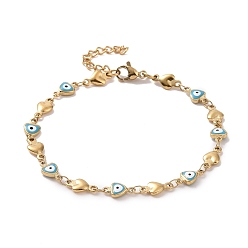 Bleu Placage ionique (ip) 304 bracelets à maillons en acier inoxydable, avec l'émail et le homard fermoirs pince, coeur avec le mauvais œil, bleu, 7-1/4 pouce (18.5 cm)