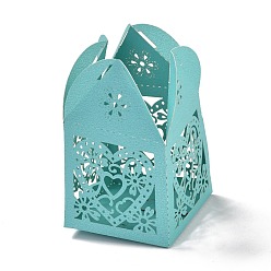 Turquoise Laser Cut Paper Hollow Out Heart & Flowers Candy Boxes, Square with Ribbon, for Wedding Baby Shower Party Favor Gift Packaging, Turquoise, 5x5x7.6cm