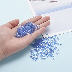 Light Sky Blue 6/0 Glass Seed Beads, Transparent Colours Luster, Square Hole, Cube, Light Sky Blue, 3~5x3~4x3~4mm, Hole: 1.2~1.4mm, about 1000pcs/100g