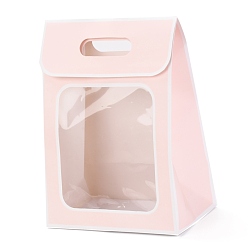 Pink Rectangle Paper Bags, Flip Over Paper Bag, with Handle and Plastic Window, Pink, 30x21.5x13cm