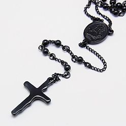 Gunmetal Men's Rosary Bead Necklace with Crucifix Cross, 304 Stainless Steel Necklace for Easter, Gunmetal, 18.5 inch(47cm)