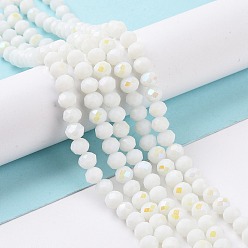 White Electroplate Opaque Solid Color Glass Beads Strands, Half Rainbow Plated, Faceted, Rondelle, White, 4x3mm, Hole: 0.4mm, about 123~127pcs/strand, 16.5~16.9 inch(42~43cm)