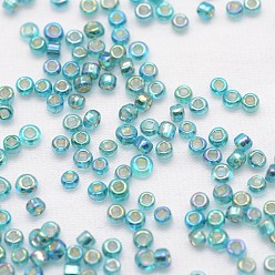Turquoise Foncé 8/0 rondes perles de rocaille de verre, Grade a, argent bordée trou carré, couleurs transparentes arc, turquoise foncé, 2.8~3.2mm, trou: 1.0 mm, environ 15000 pièces / livre