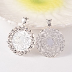 Crystal Flat Round Alloy Rhinestone Pendant Cabochon Settings, Cadmium Free & Lead Free, Silver Color Plated, Crystal, Tray: 20mm, 38x29.5x3mm, Hole: 4x7mm, about 45pcs/bag
